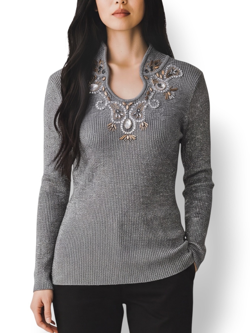 4/$20 Lauren Michelle Metallic Jeweled Neck Long Sleeve Sweater Large